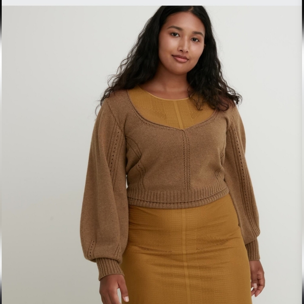 Uniqlo X Mame Kurogouchi 3D Knit Crop Wool Balloon Sleeve Brown Sweater L